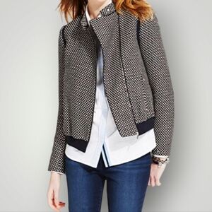 Tommy Hilfiger Womens 12 Black Cream Blue Tweed‎ Moto Jacket Zip Front